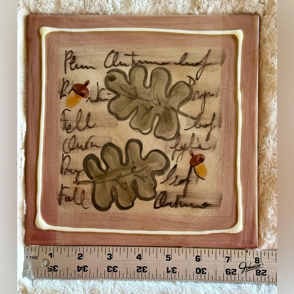 Crate & Barrel Tile Trivet Leaves Made in Italy Hand Painted 8”x 8” Tile Only